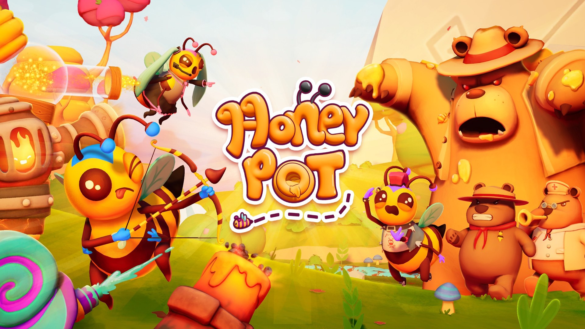 Honey Pot key art — warrior bees vs honey-covered bear