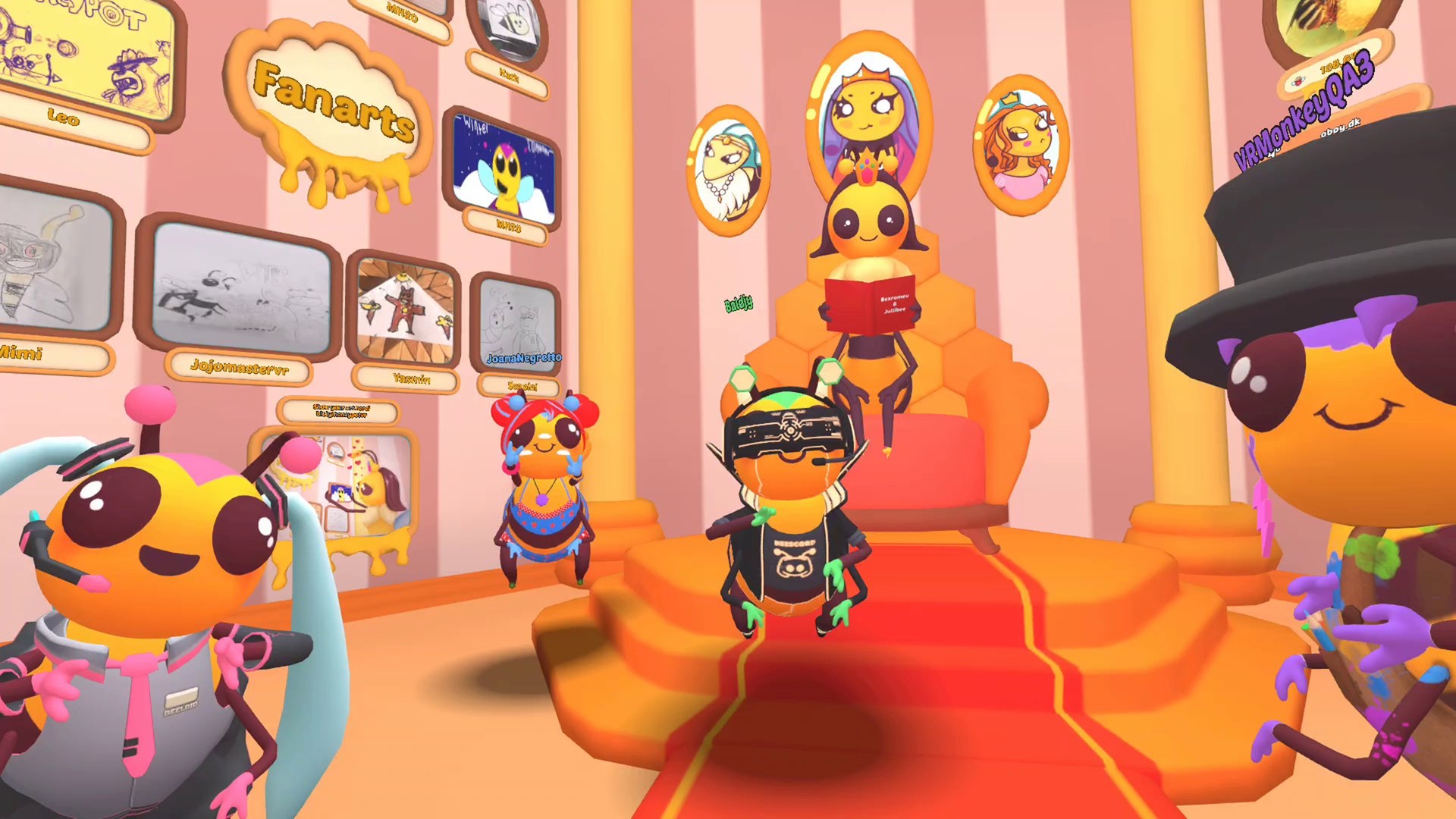 Customized bee avatars in the Honey Pot Hive lobby with fan art wall and throne platform