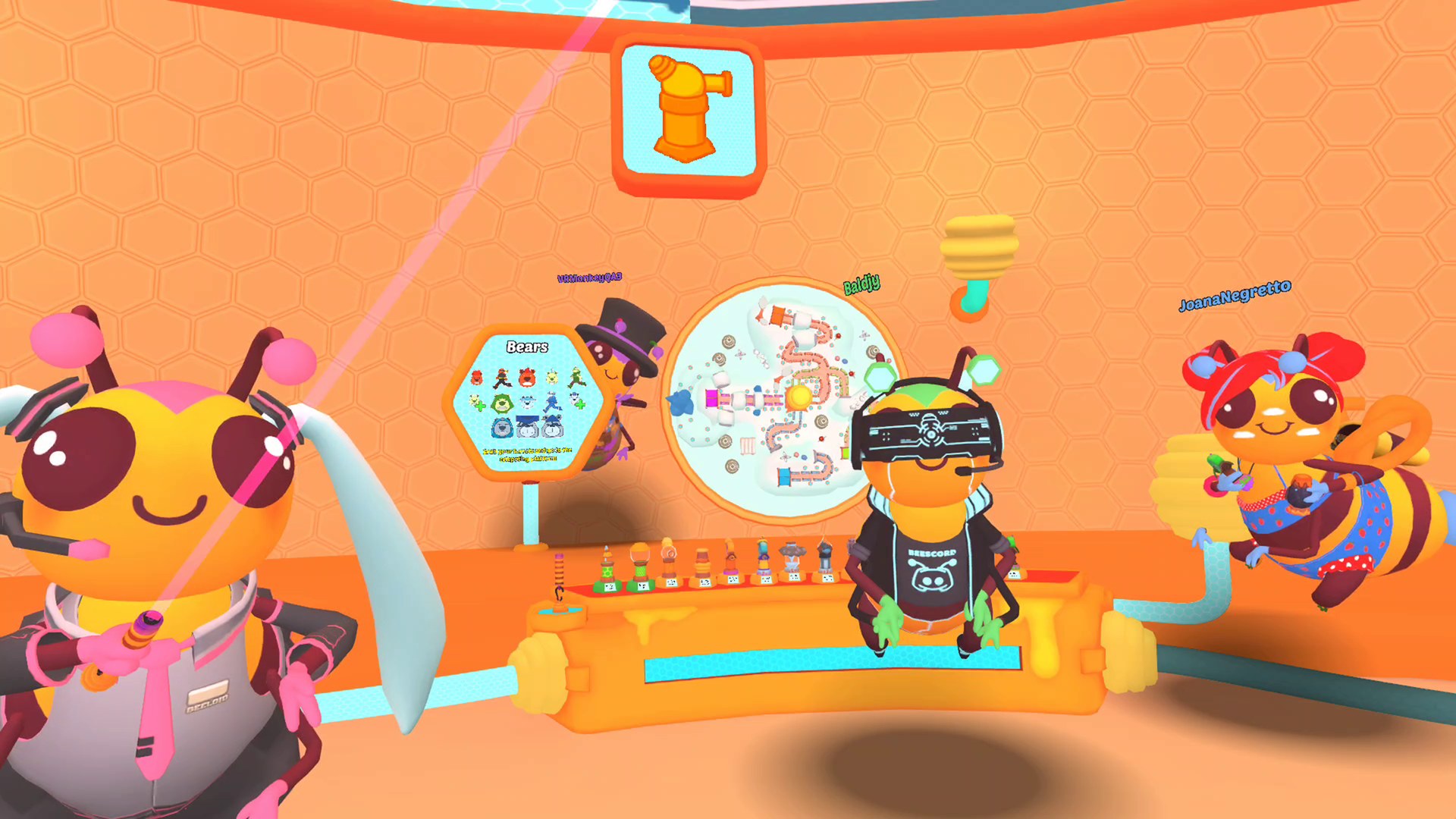 Four bee players in Honey Pot Hive lobby around a mission map with Bears enemy board and Waiting for players 0/4 matchmaking