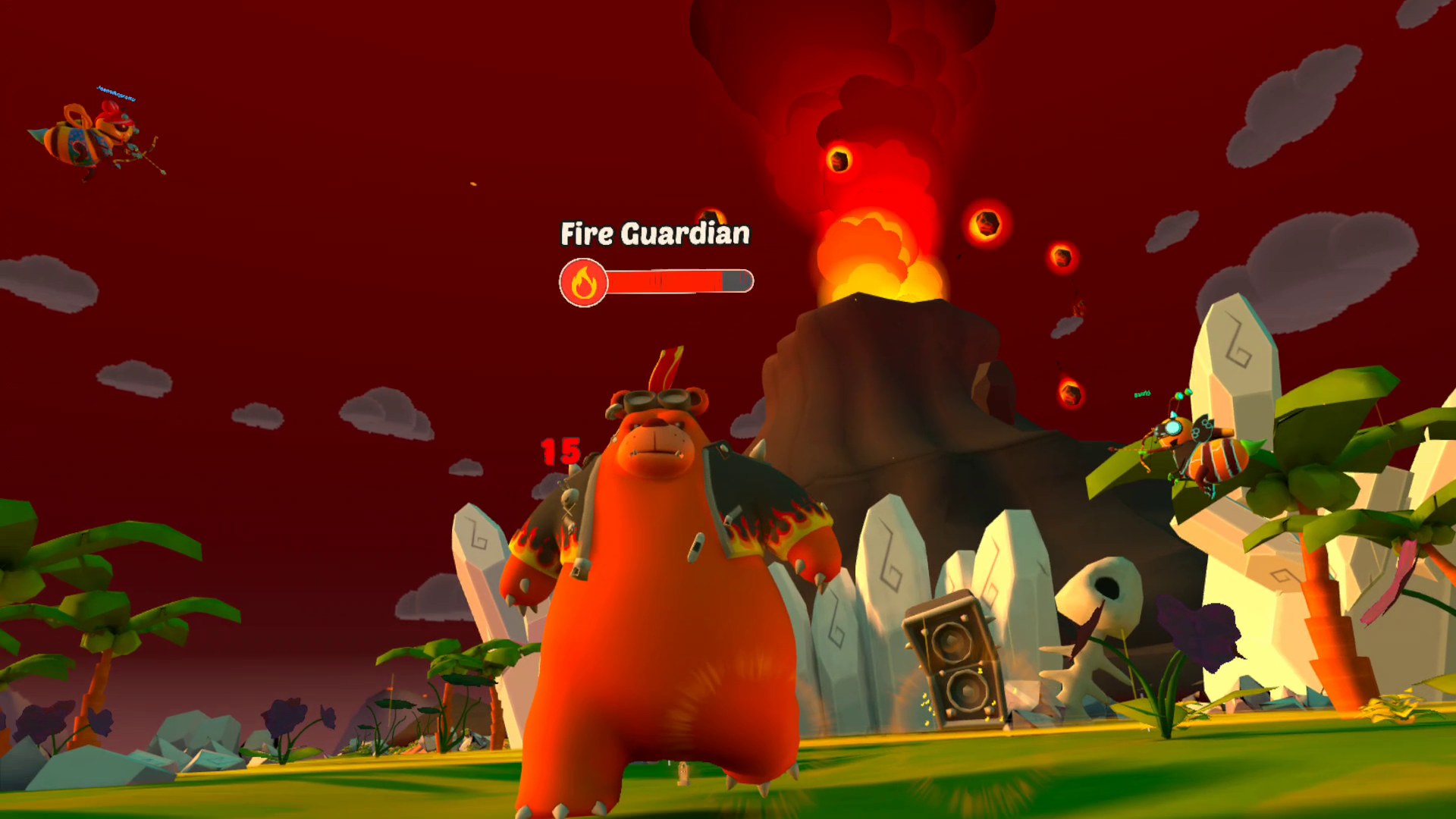 Warrior bees with bows fight a Fire Guardian bear boss in Honey Pot VR on Meta Quest
