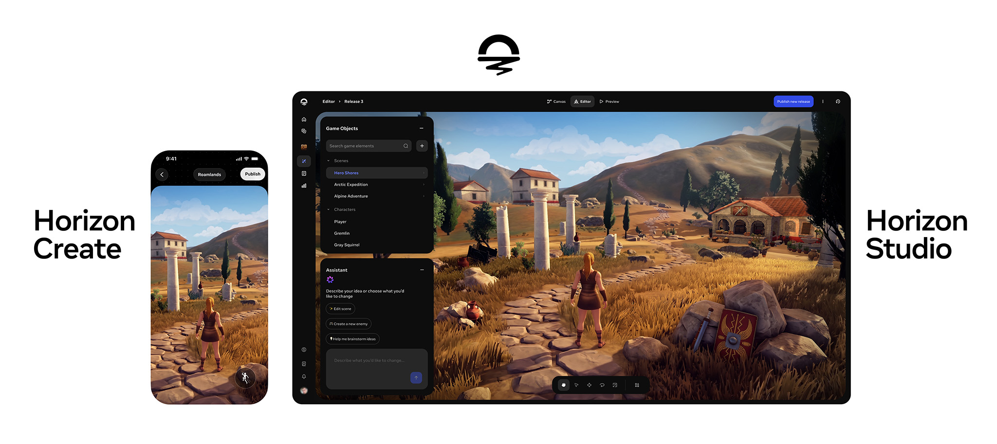 Meta Horizon Create mobile and Horizon Studio desktop AI game editor interfaces