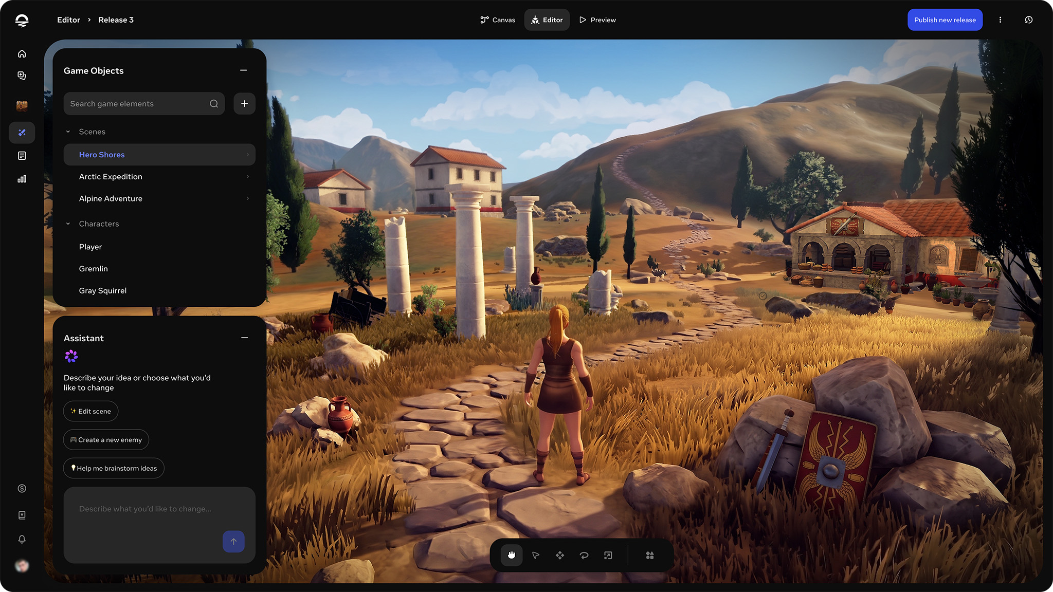 Horizon Studio browser editor with AI assistant panel editing a 3D scene