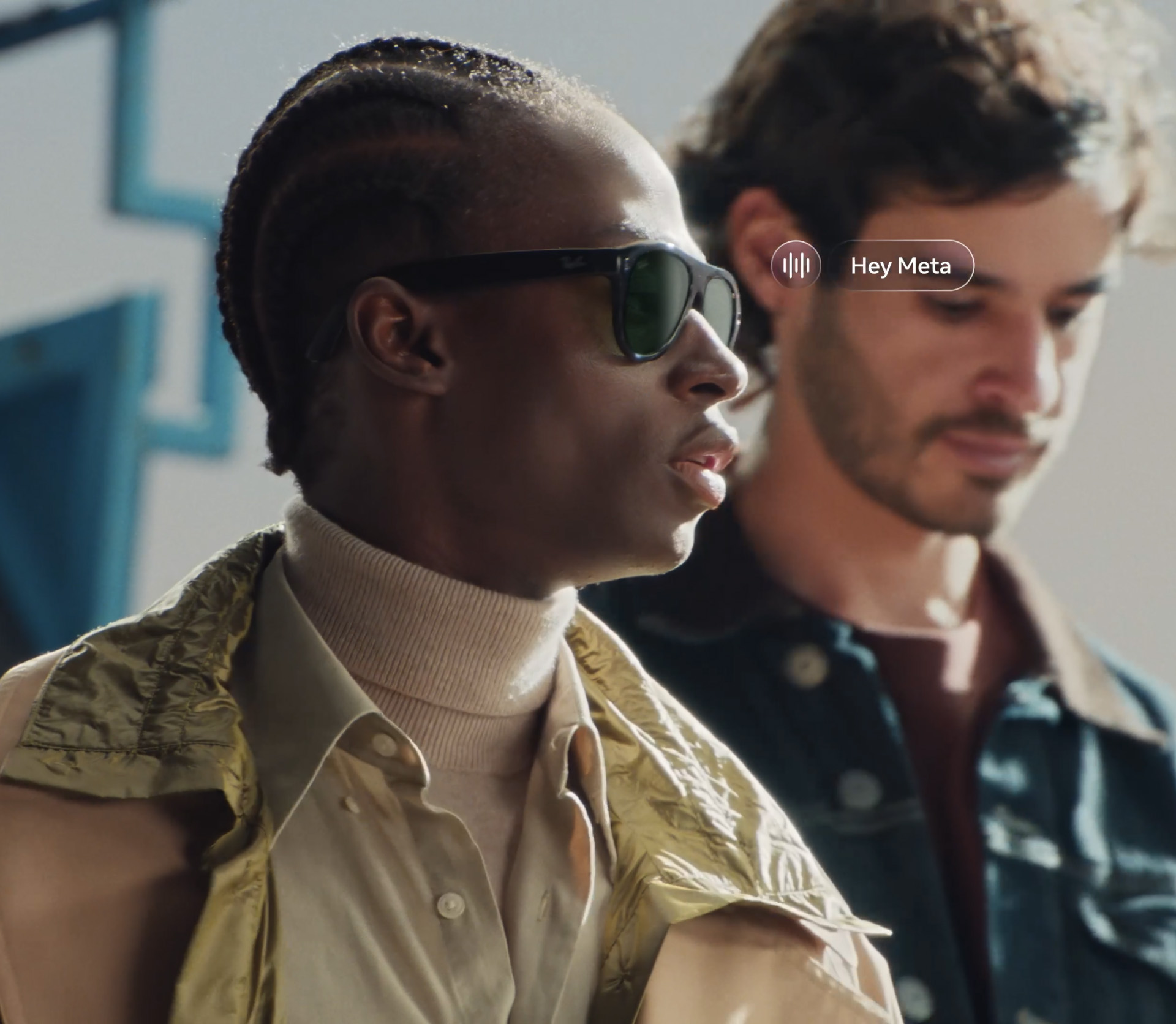 Person wearing Ray-Ban Meta glasses with Meta AI Hey Meta interface