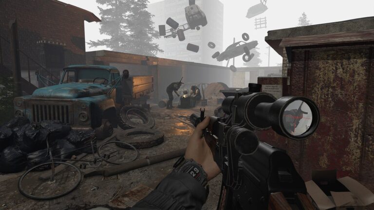 CONVRGENCE VR screenshot of an anomaly alley with floating debris in Chernokamensk