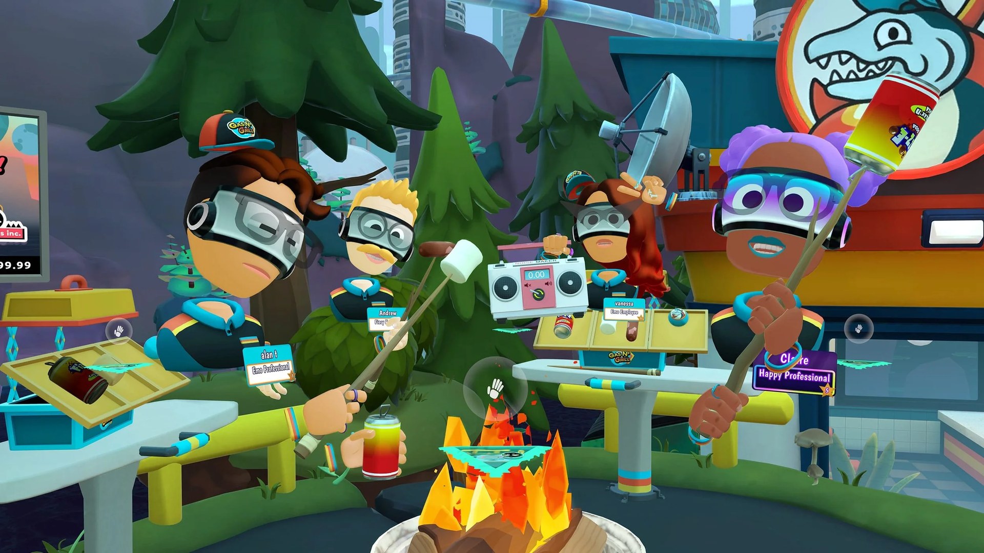 Dimensional Double Shift players huddle around a Gas N Grill shift on Meta Quest
