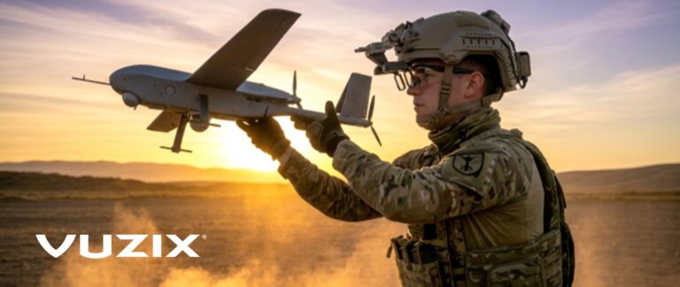 Vuzix Shrike defense display platform concept — soldier with tactical drone and AR glasses. Image: Vuzix / PR Newswire