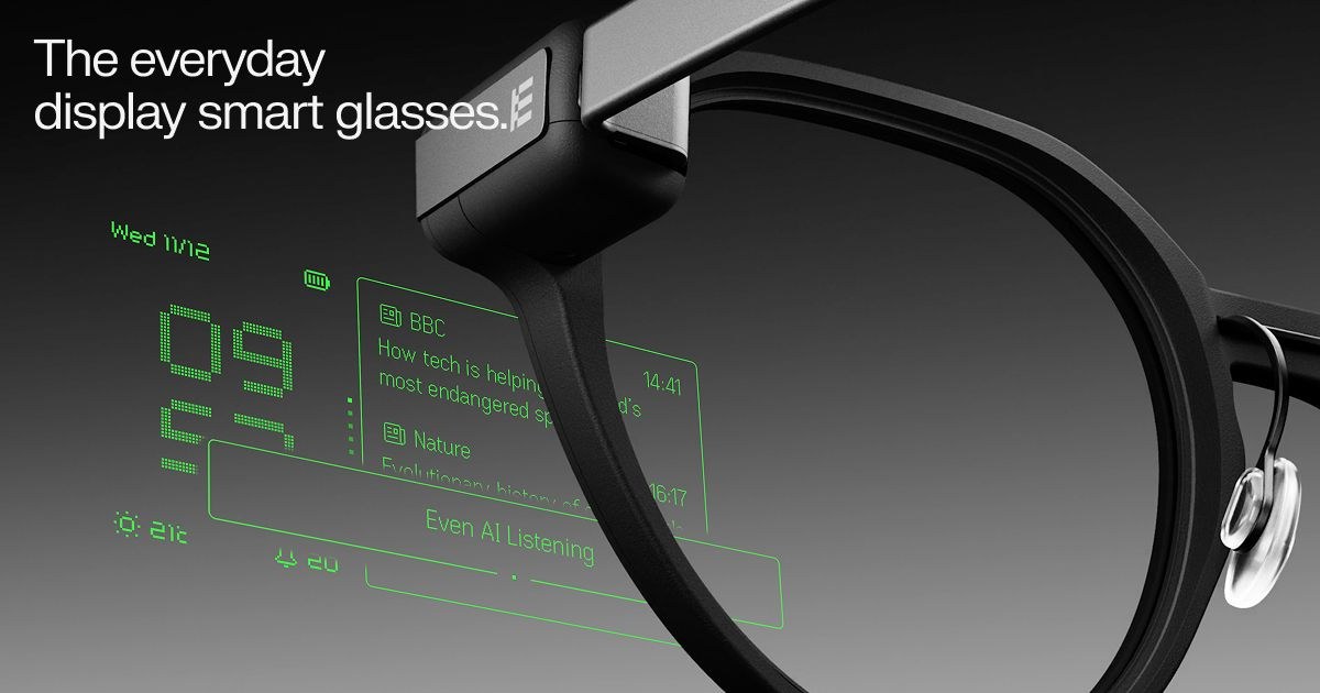 Even Realities G2 everyday display smart glasses marketing still with green HUD