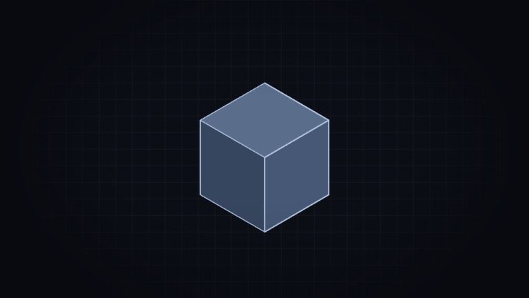 Isometric illustration of a gray cube on a dark grid