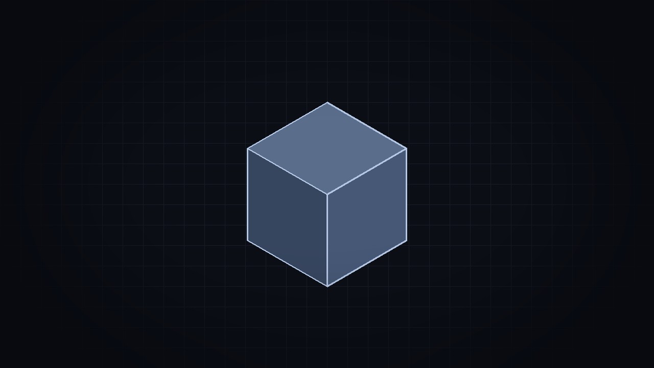 Isometric illustration of a gray cube on a dark grid