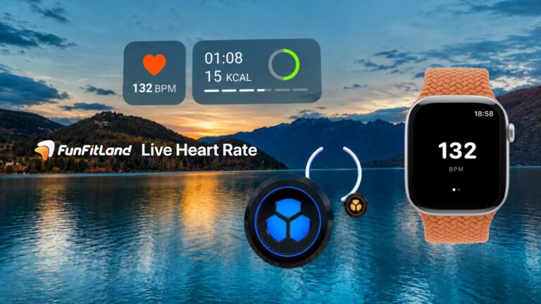 FunFitLand live heart rate key visual with Quest headset and wearable overlay