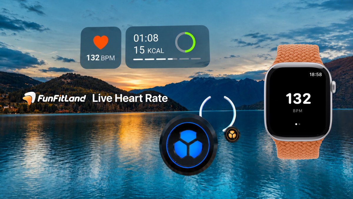 FunFitLand live heart rate key visual with Quest headset and wearable overlay