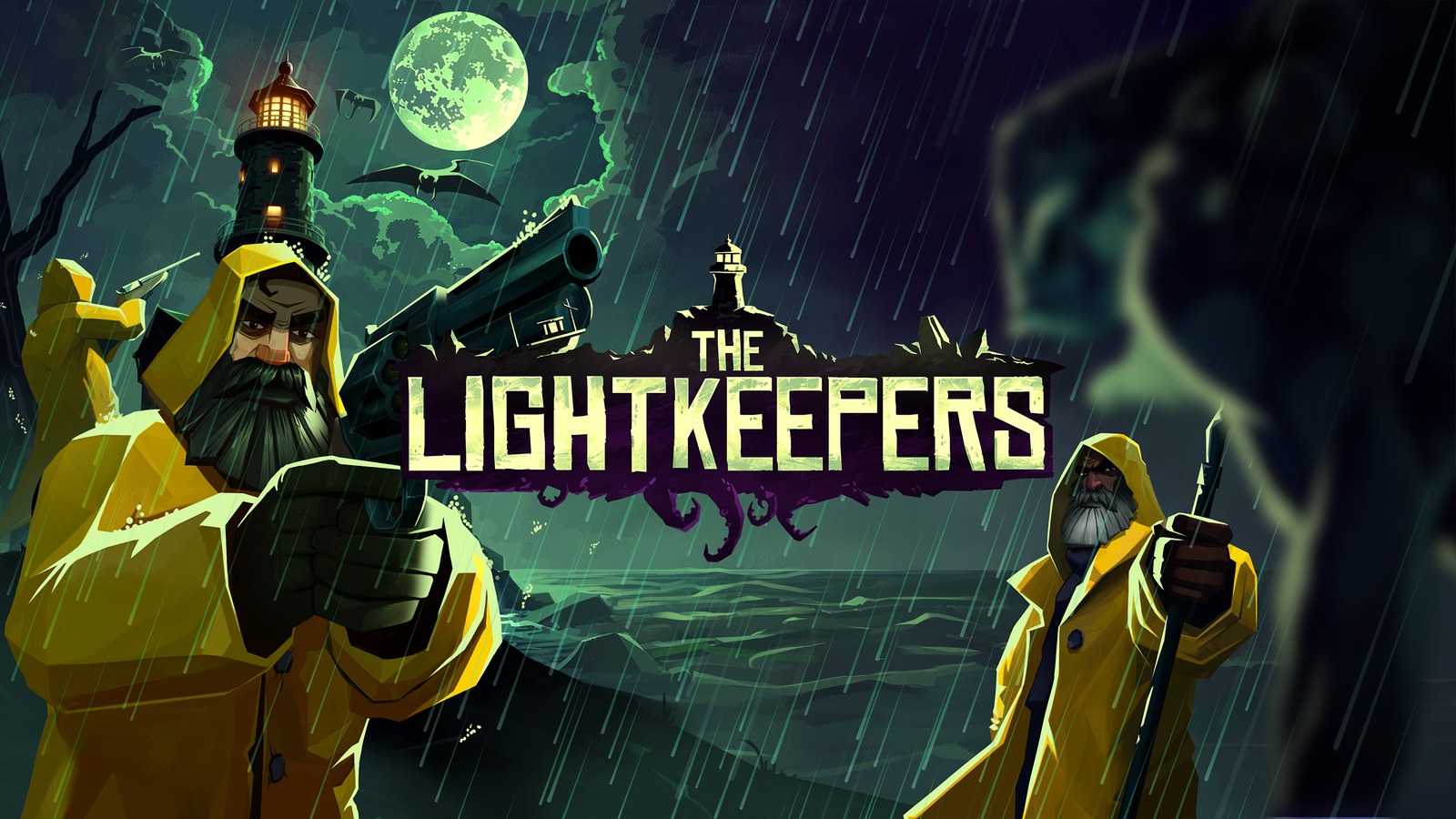The Lightkeepers official key art — lighthouse defenders against Lovecraftian night threats