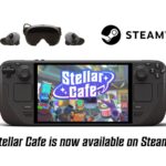 Stellar Cafe Steam launch key art — sci-fi robot cafe interior (AstroBeam / Steam)