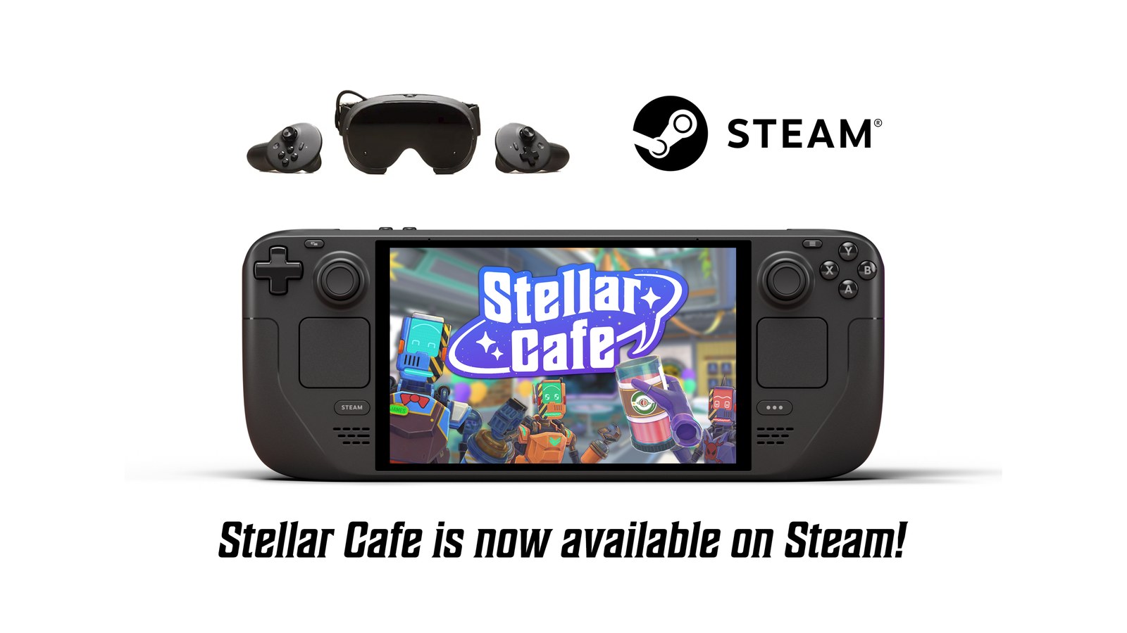 Stellar Cafe Steam launch key art — sci-fi robot cafe