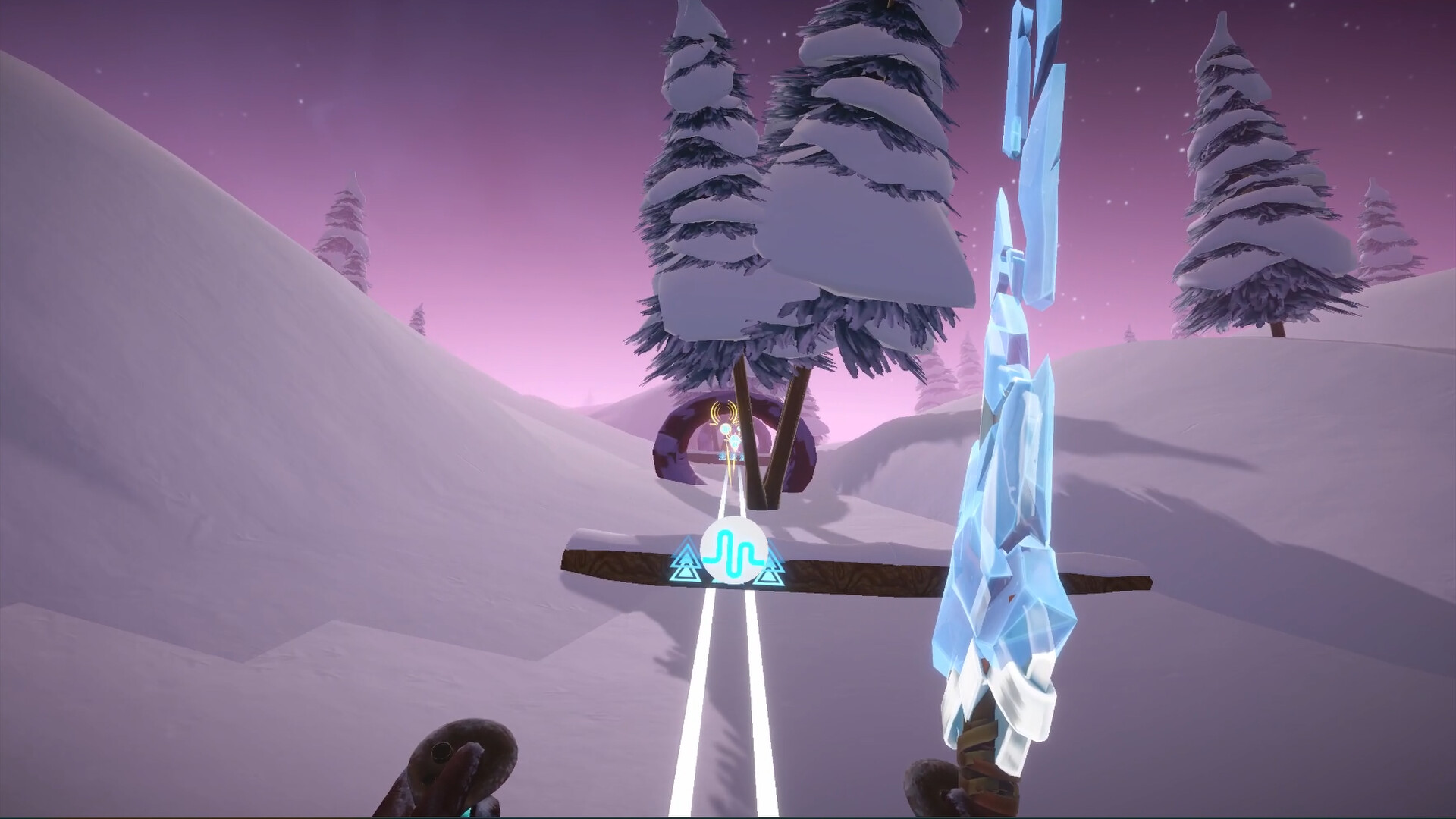 Fresh Tracks VR player skiing through a snowy fantasy slope while fighting enemies