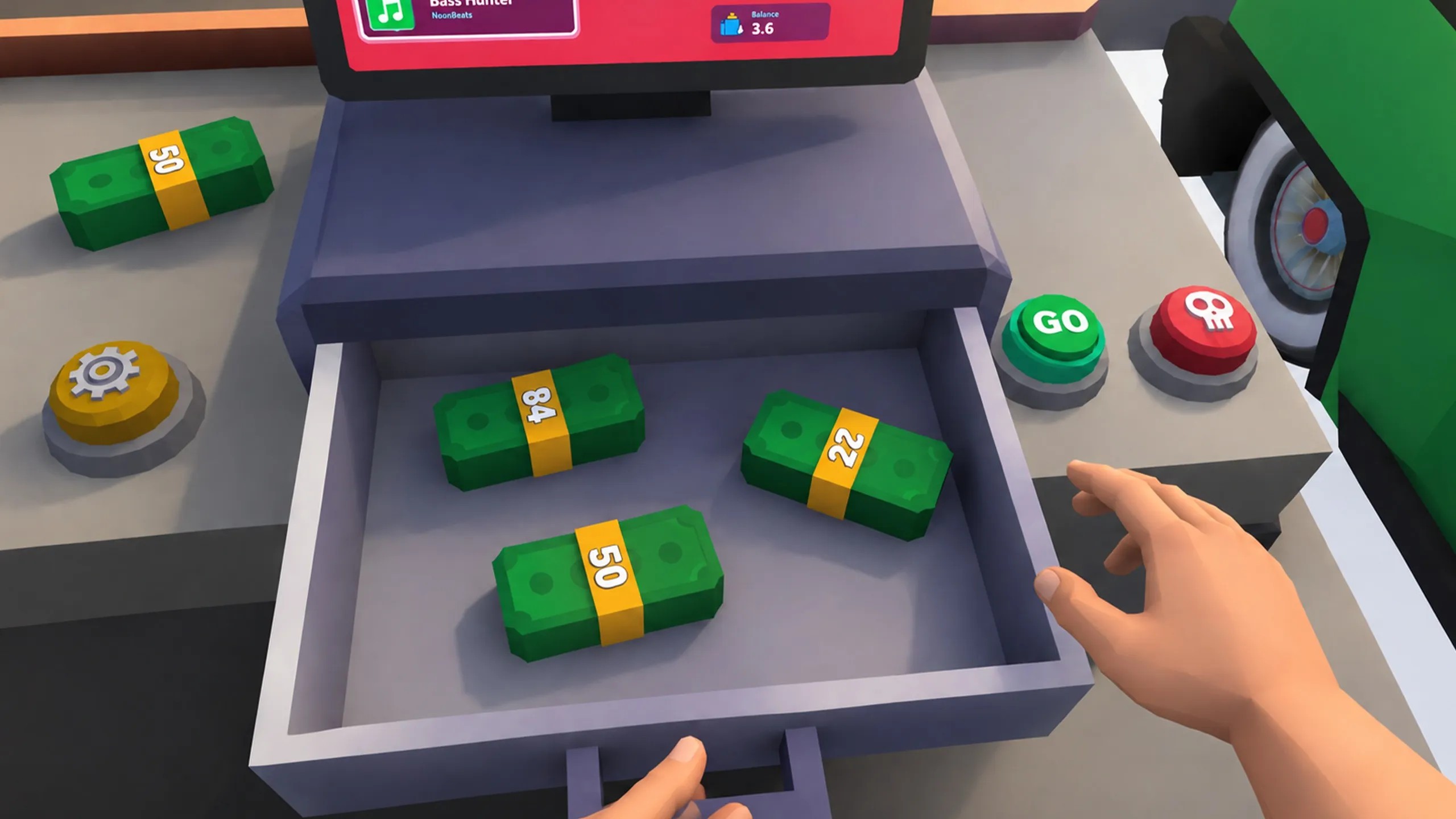 Gas or Scam cash drawer with bundled bills and GO button in first-person VR