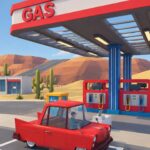 Gas or Scam desert gas station exterior with vintage car at the pumps