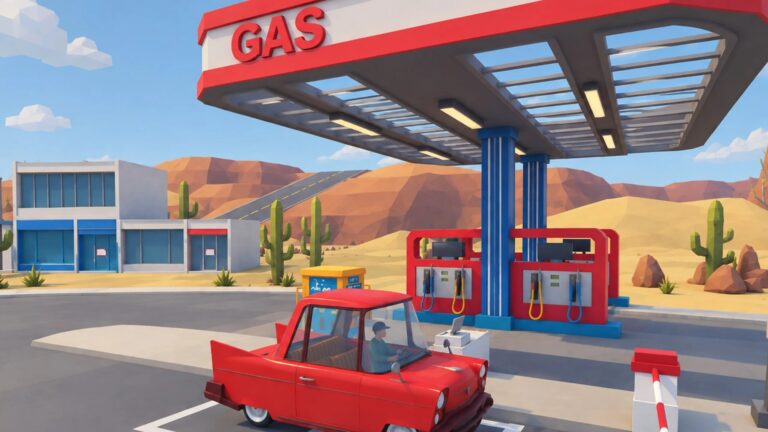 Gas or Scam desert gas station exterior with vintage car at the pumps