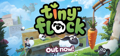 Tiny Flock key art with cartoon sheep across a sunny rooftop diorama.