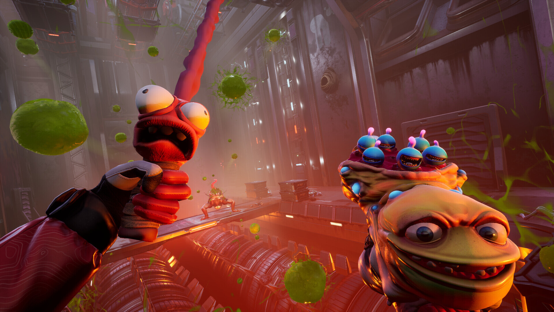High On Life VR gameplay still with a talking Gatlian weapon