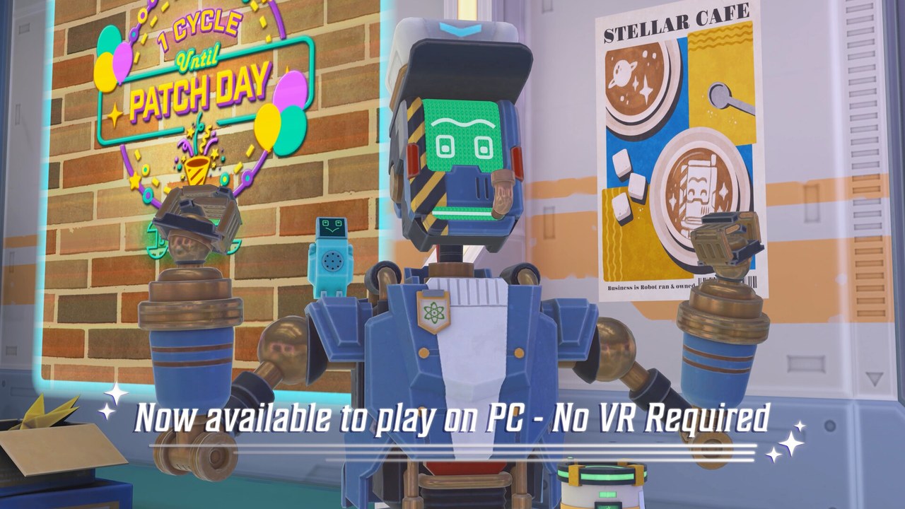 Stellar Cafe gameplay — robot patrons in VR cafe
