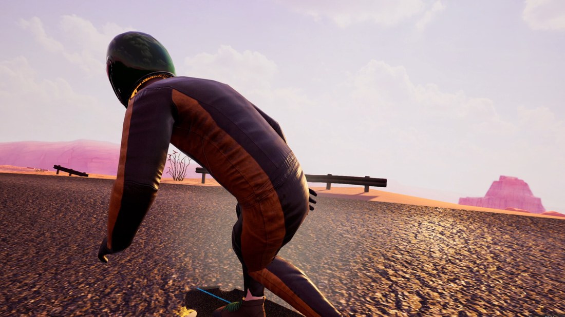 First-person VR downhill skateboarding on a mountain road in Bomb The Hill