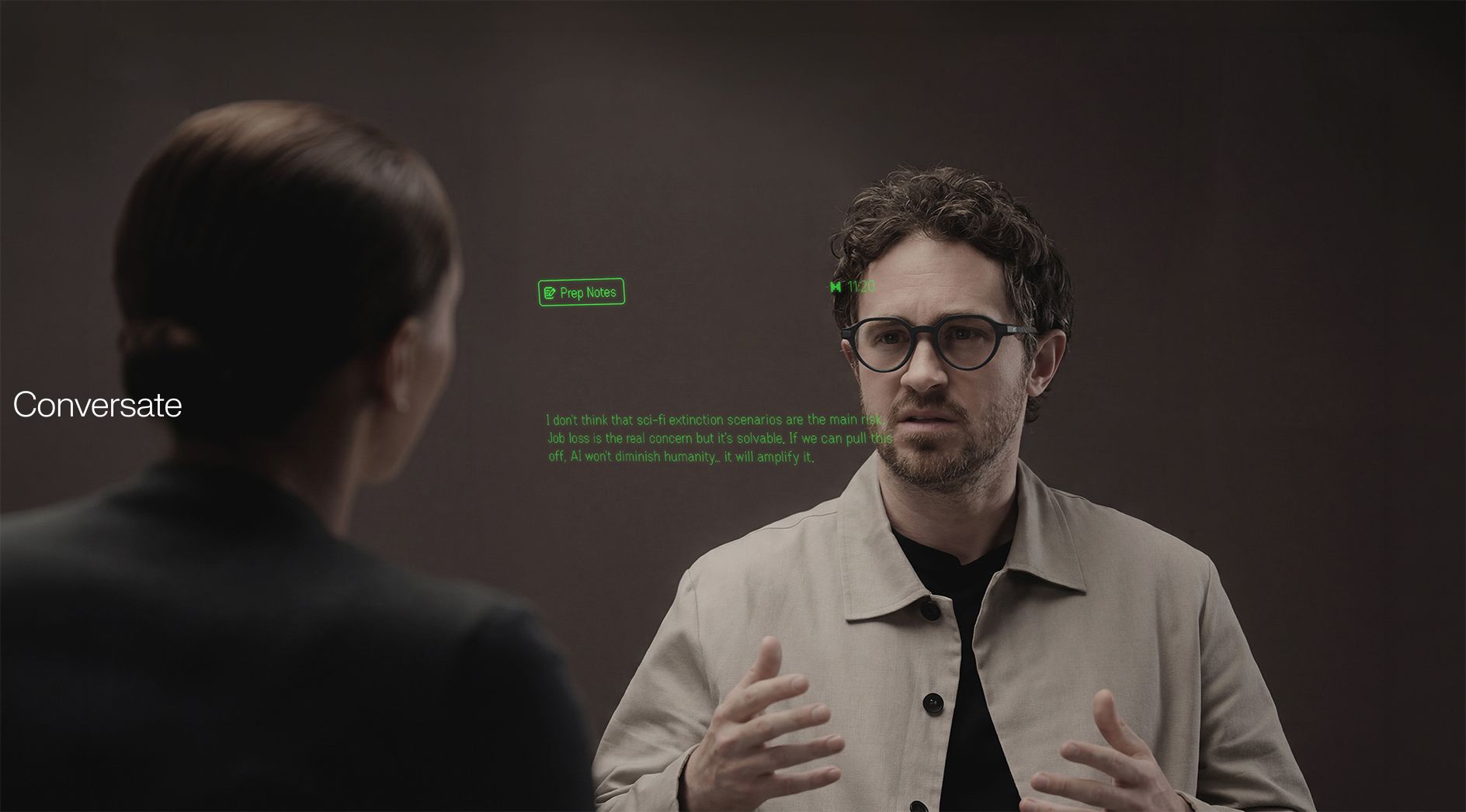 Even Realities G2 heads-up display showing the Conversate feature during a conversation