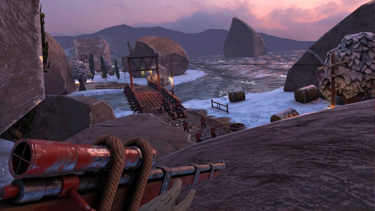 First-person rifle view overlooking a snowy valley battlefield in Battle Beyond The Wall