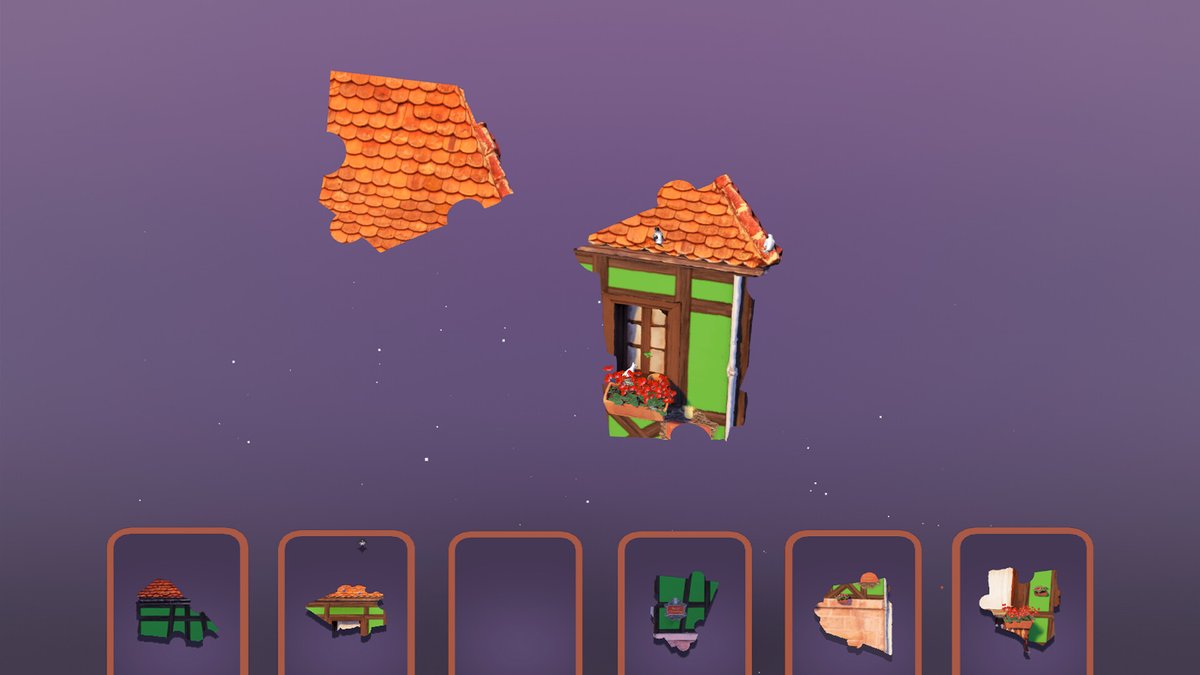 Puzzling Places gameplay screenshot of a timber-framed building puzzle against a purple background