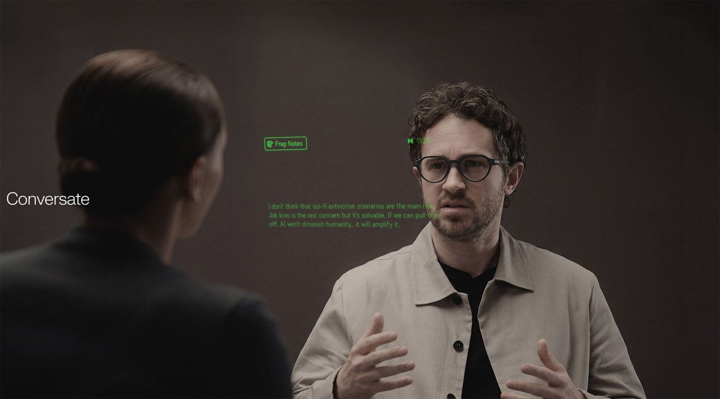 Even Realities G2 smart glasses with green monochrome Conversate teleprompt UI overlay