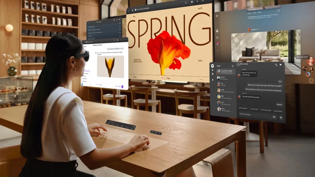 Person wearing Meta VR Glasses in a cafe