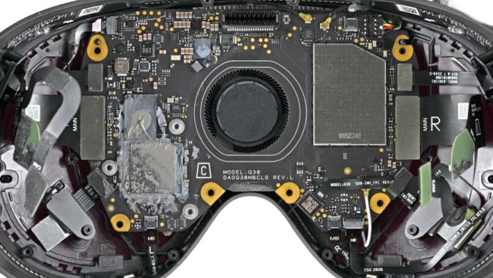 Steam Frame motherboard with central cooling fan exposed in iFixit teardown