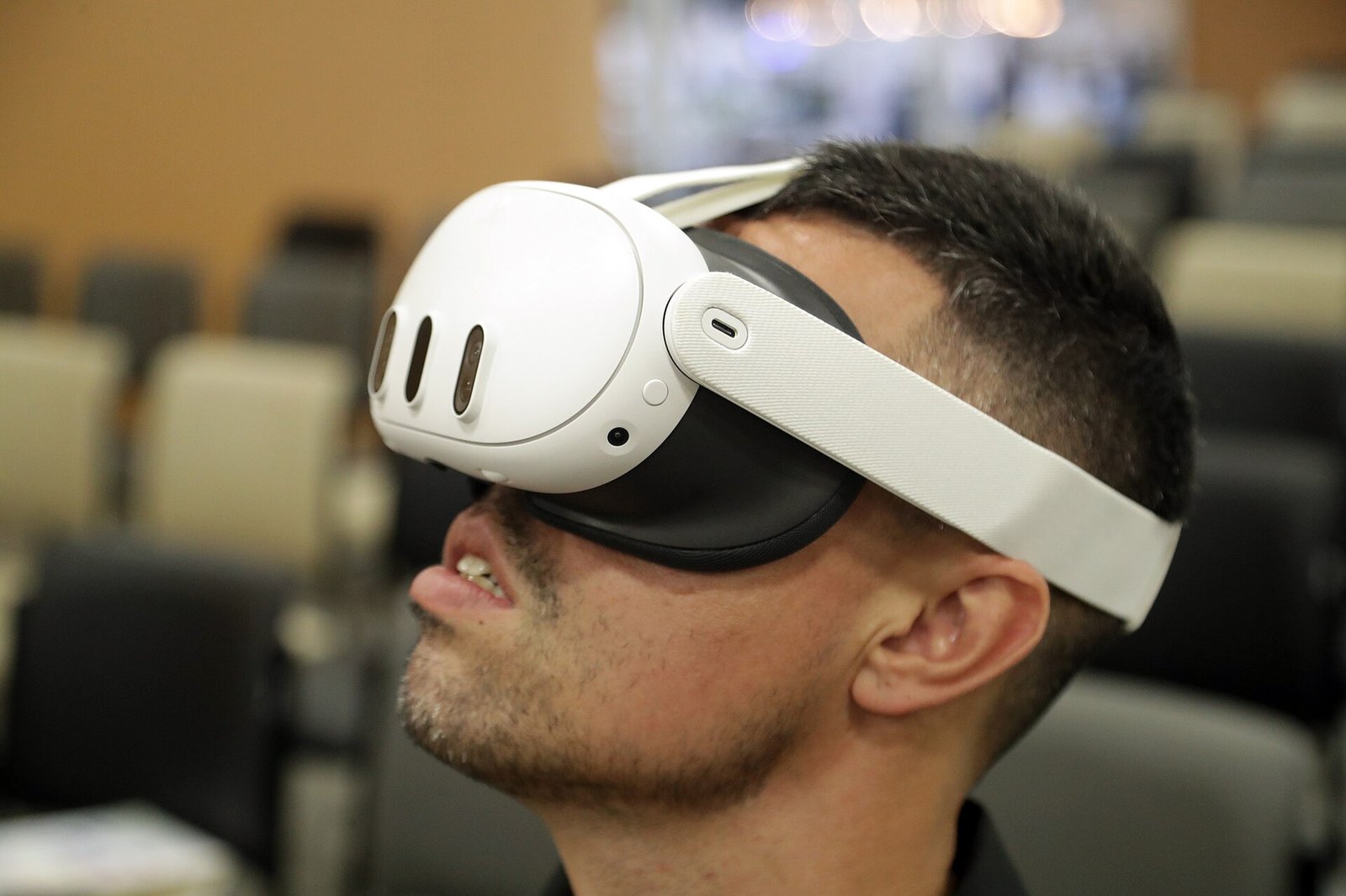 Person wearing a Meta Quest 3 VR headset