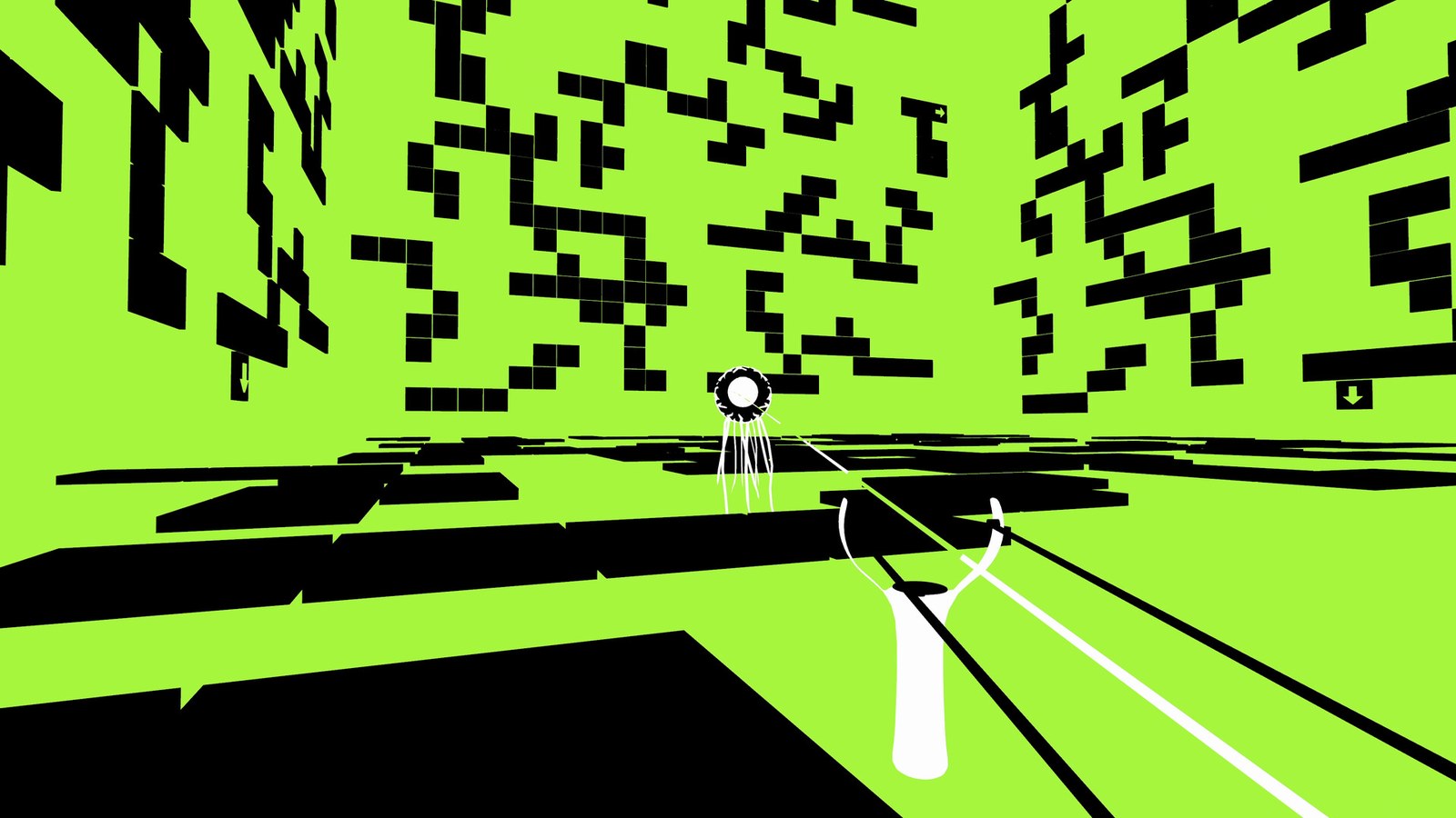 First-person Shil gameplay with slingshot aimed at floating eye creature