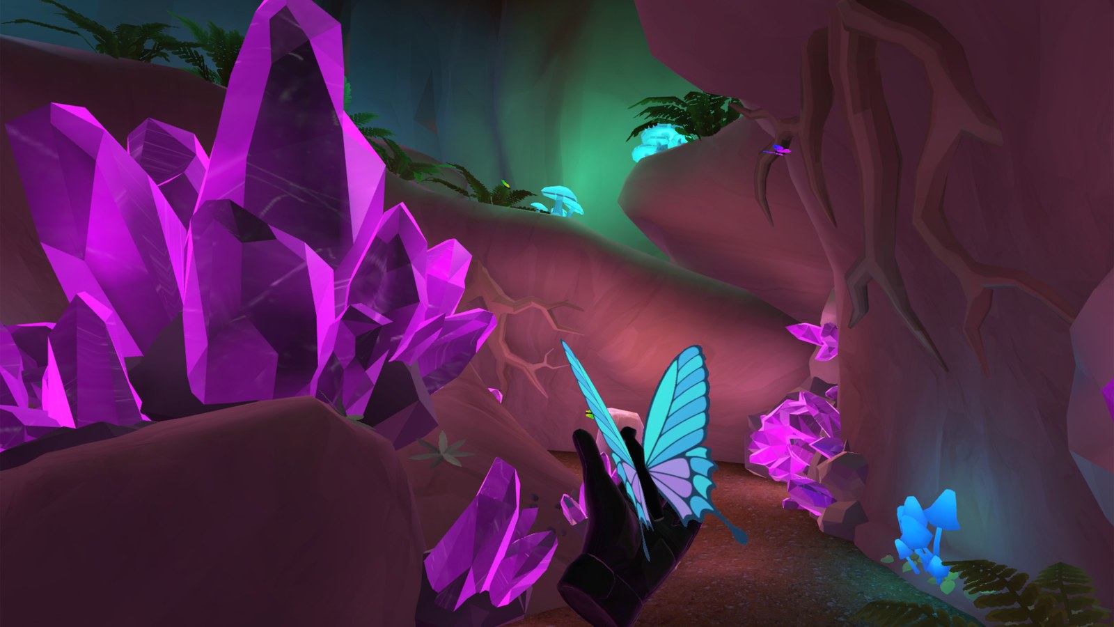 Solara One Arboretum cave scene with butterflies and ambient color.
