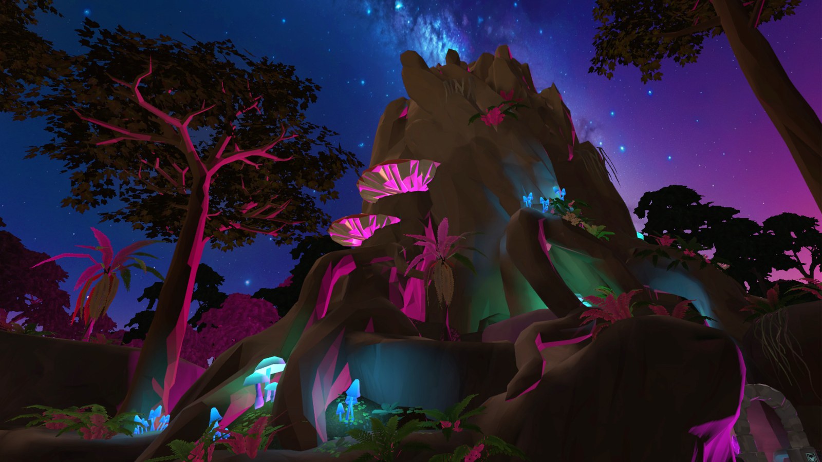 Solara One Arboretum forest environment with glowing crystals and ambient light.