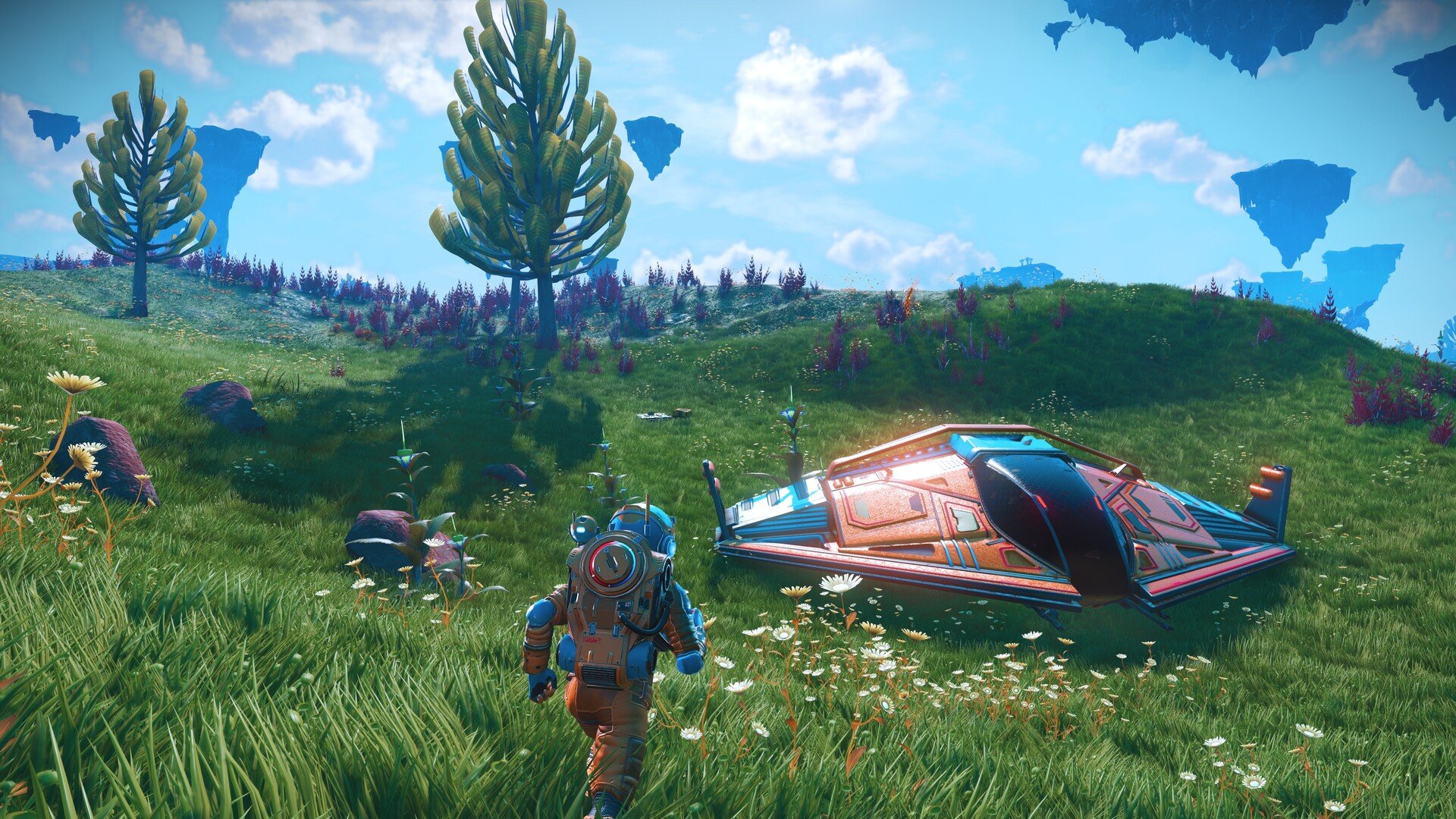 No Man's Sky explorer and starship on a lush planet with floating islands