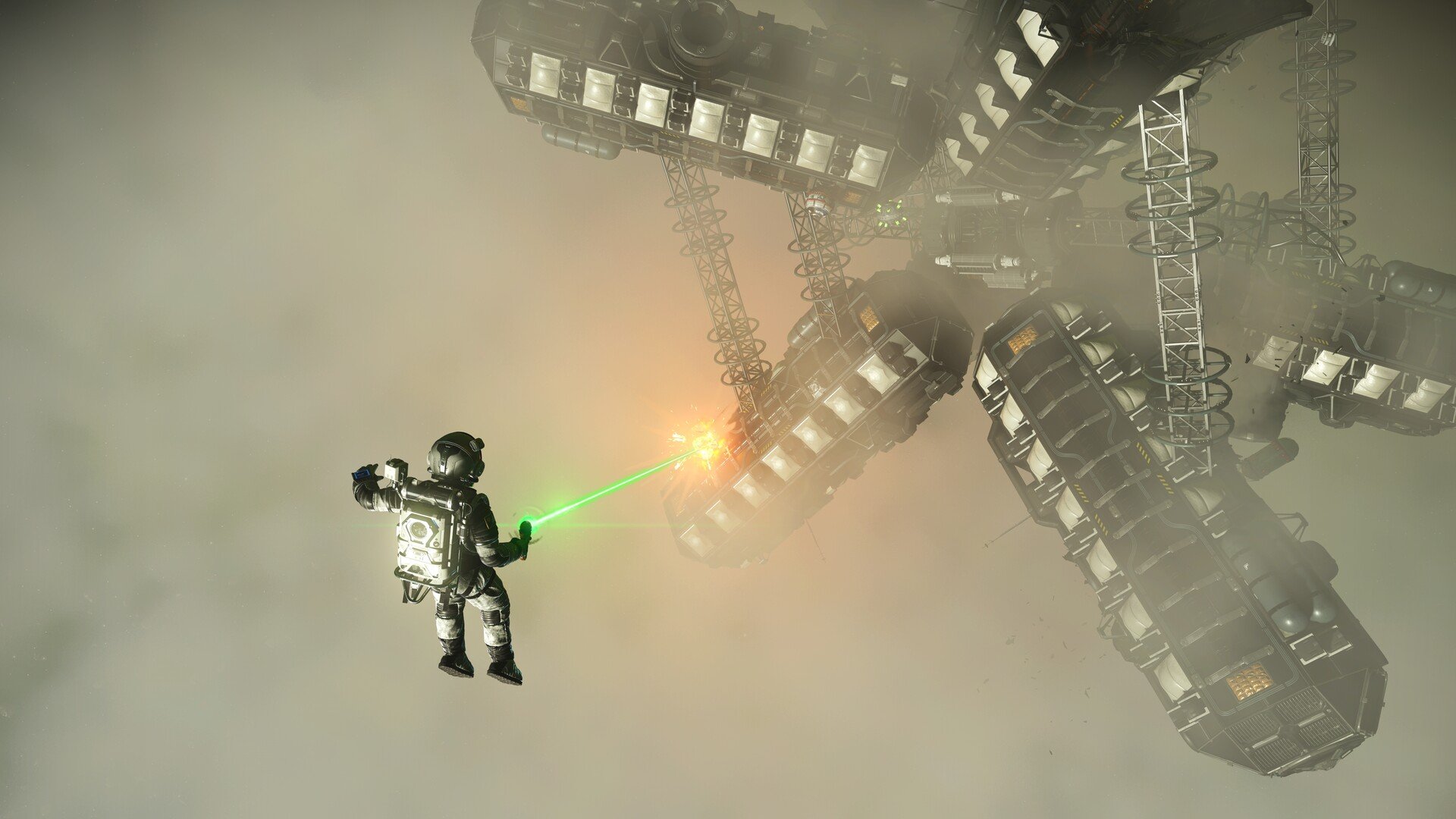 No Man's Sky Cosmos spacewalk with laser tool near a modular structure
