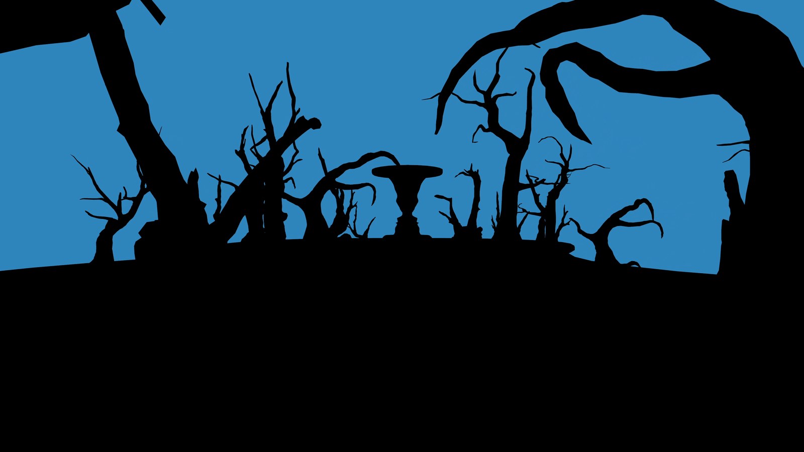 Shil blue two-tone landscape with dead trees and fountain silhouette