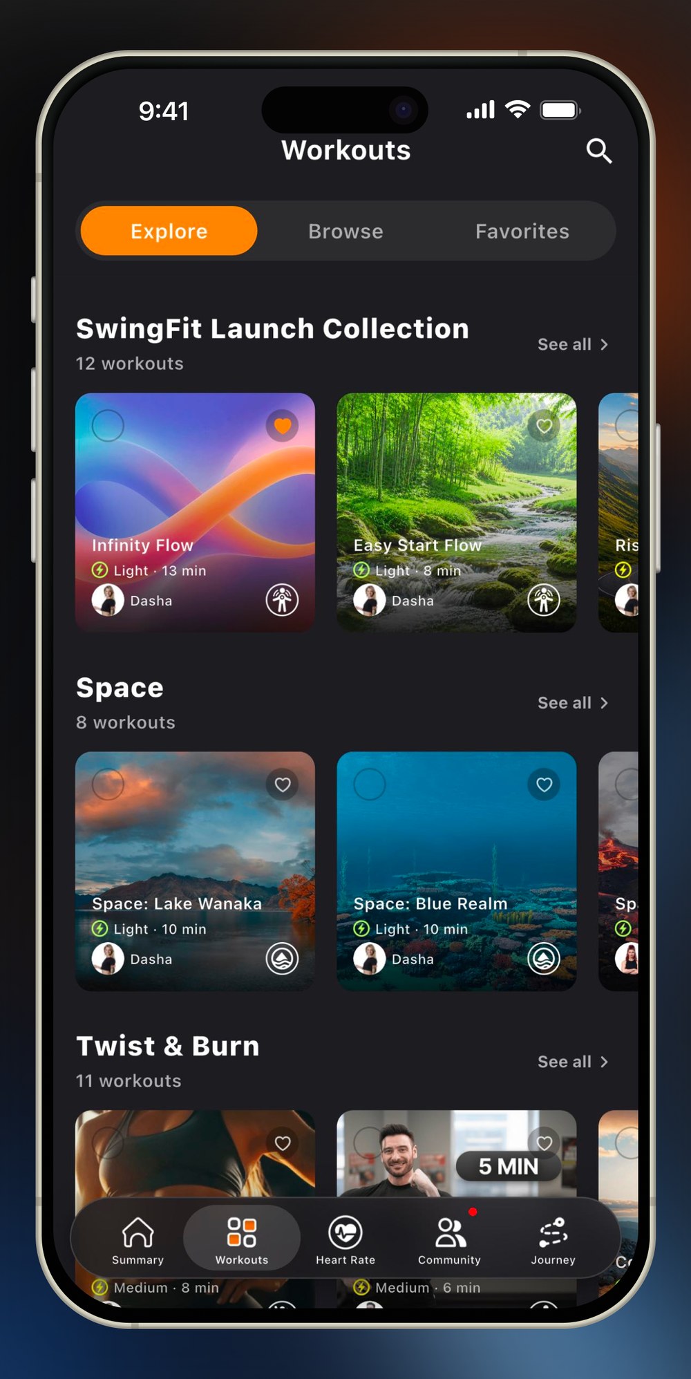 FunFitLand mobile app workout library browse screen