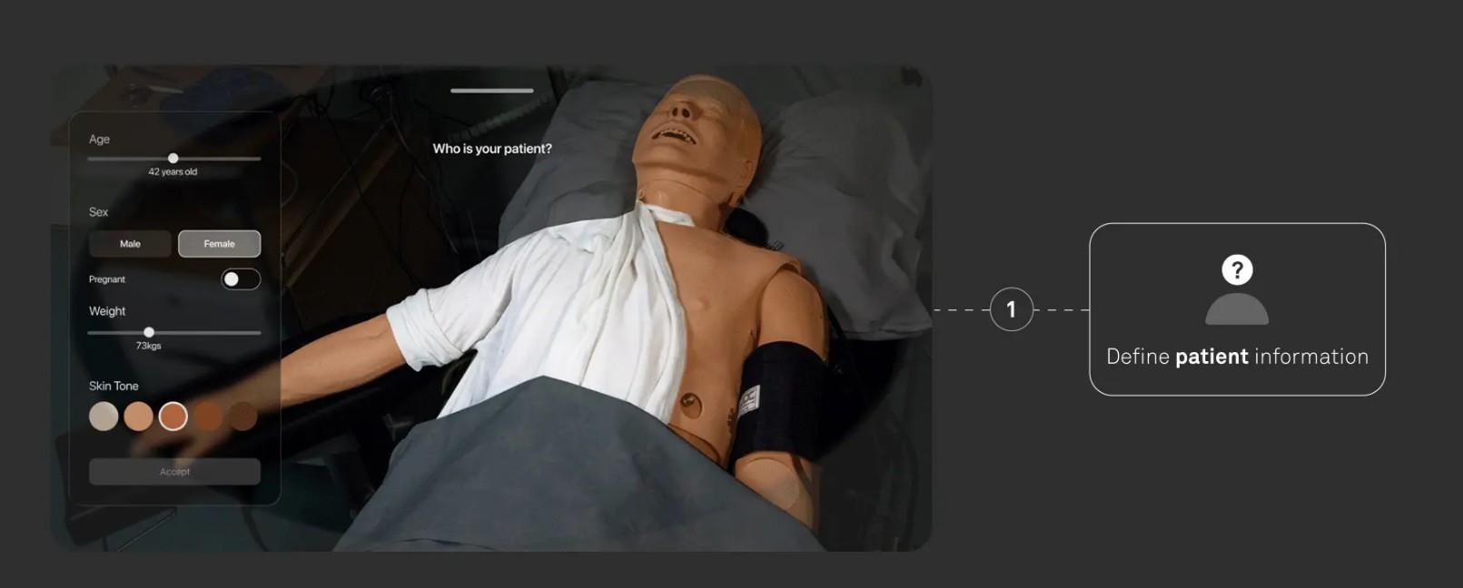Mixed reality panel for defining patient age sex weight and skin tone over a mannequin