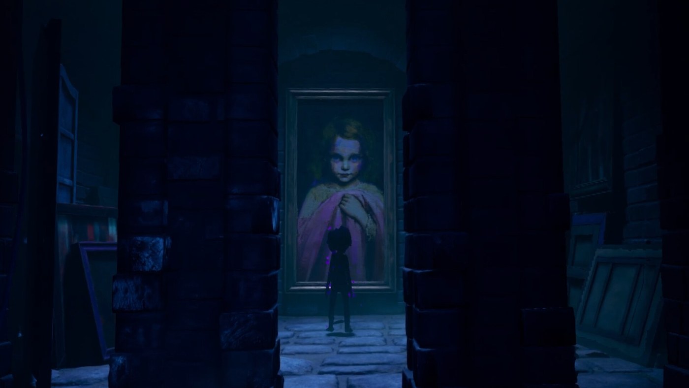 Out of Sight VR screenshot showing the teddy-bear second-person view inside a dark mansion