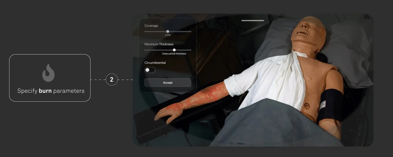 Mixed reality controls for burn coverage depth and circumferential options on a mannequin arm