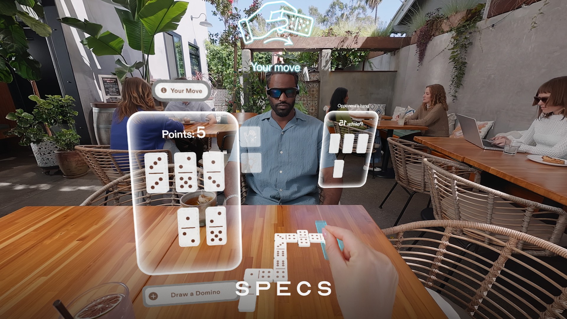 Jimmy Butler Dominoes Lens on Snap SPECS overlaying a tabletop game