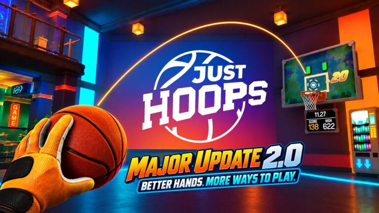 Just Hoops 2.0 major update promotional art with hand holding basketball