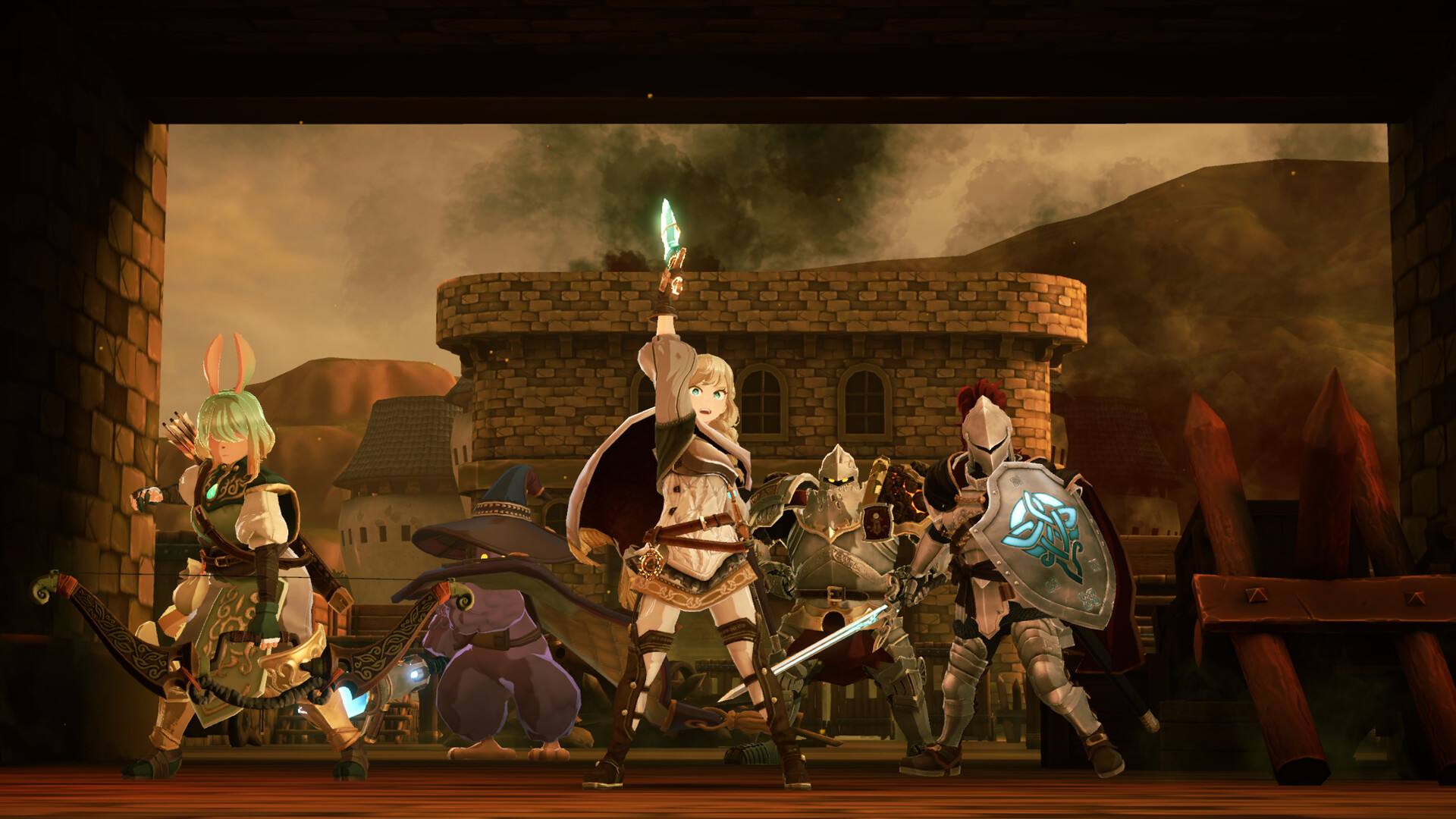 Knights of Fiona party exploring a fantasy town hub