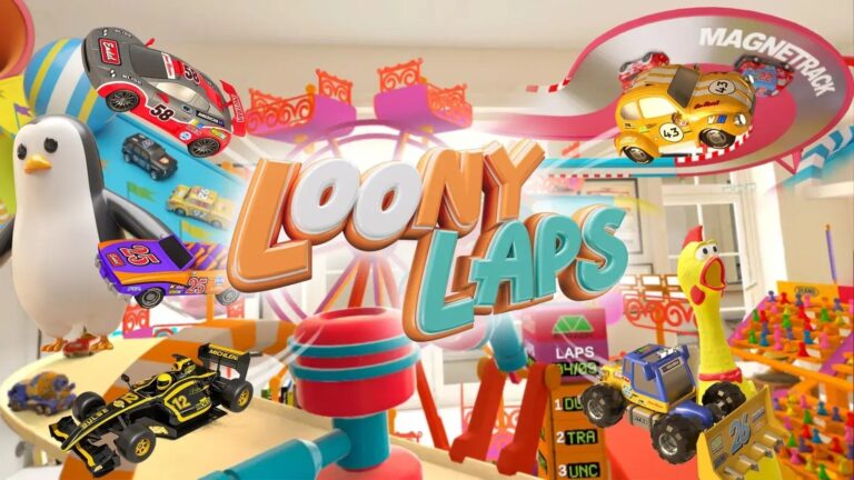 Loony Laps trailer art — toy cars on a chaotic track