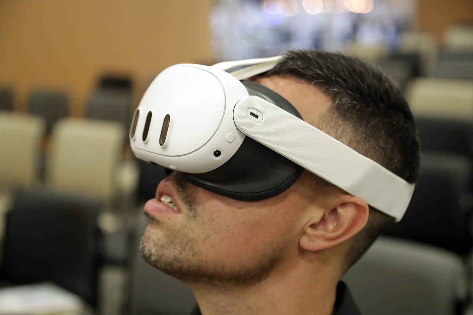 Person wearing a Meta Quest 3 VR headset