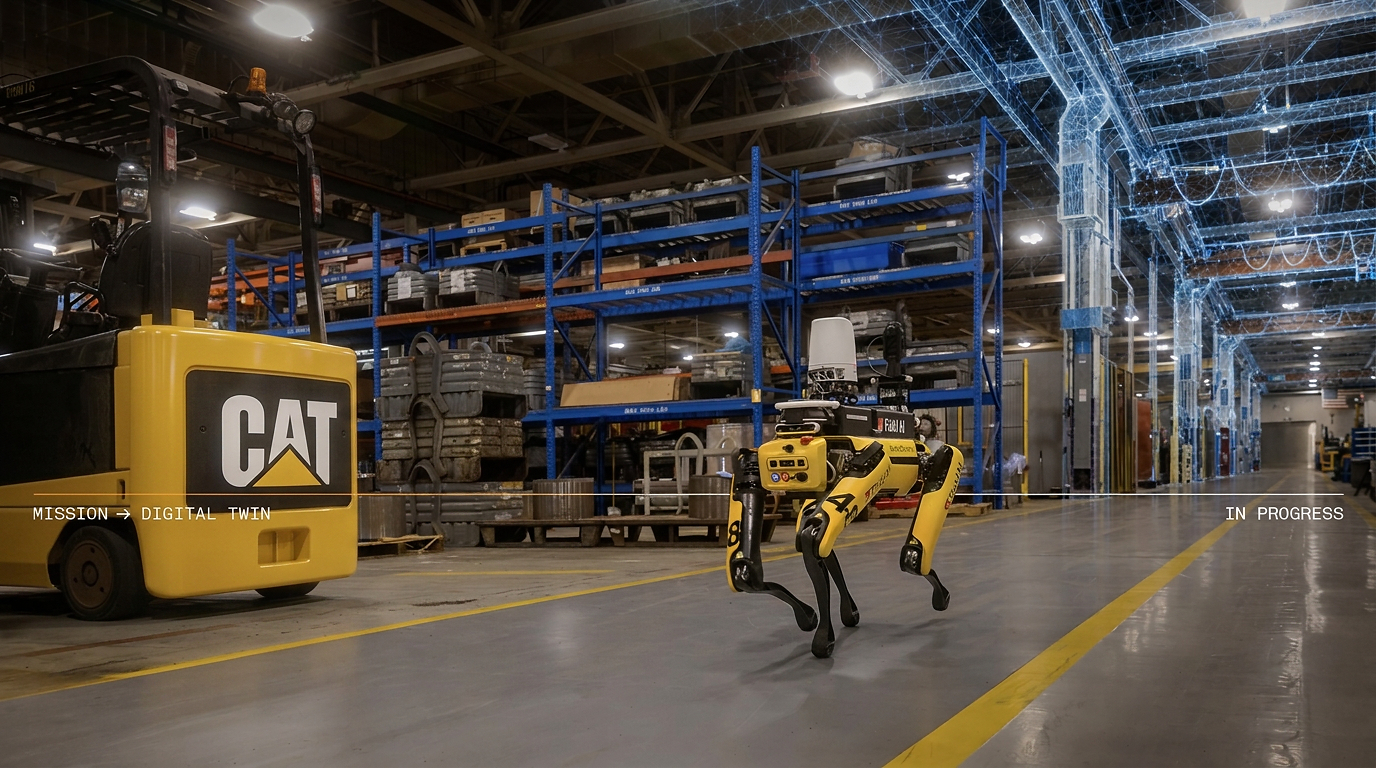 Caterpillar manufacturing facility digital twin and physical AI visualization