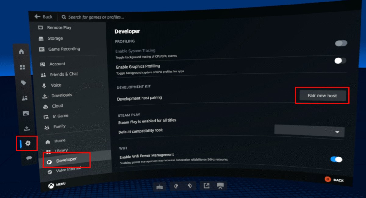 Steam Frame developer menu showing host pairing for the headset